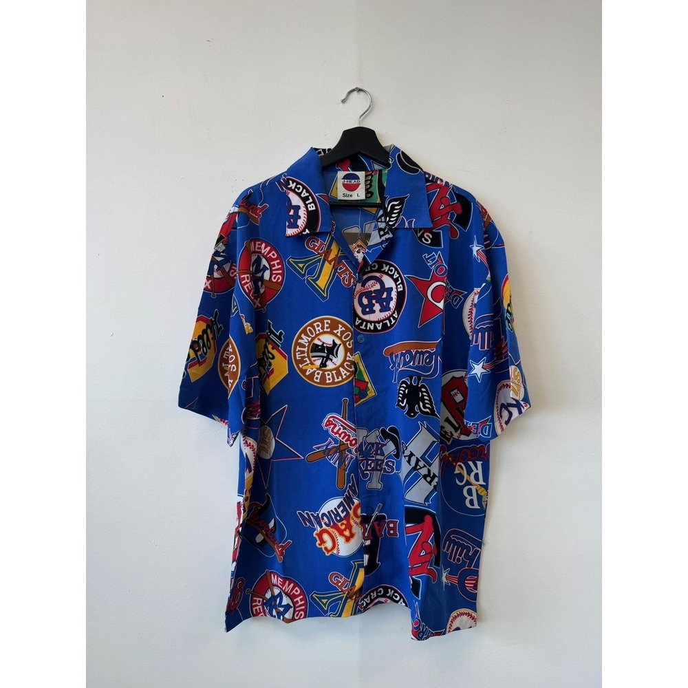 Vintage Negro Leauge Shirt Mens Large Blue All Over Print MLB Button Up 90s